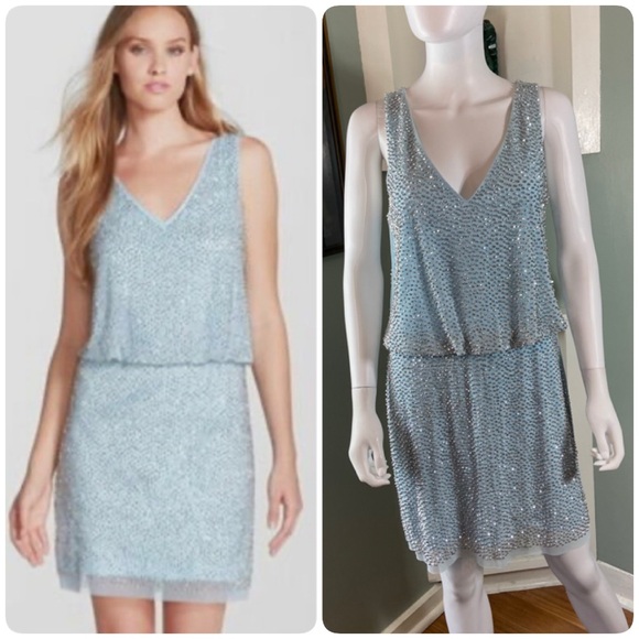 Xscape Dresses & Skirts - Xscape Light Blue Silver Metallic Beaded Cocktail Mini Dress Draped Size 10